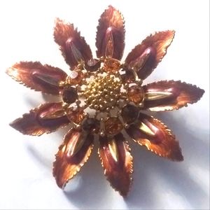 Vtg MJ Enterprises  Gold Tone Stylish Enamel Rhinestone Flower Pin Brooch